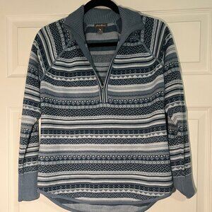 Eddie Bauer Blue Patterned Quarter-Zip Sweater Womens Small